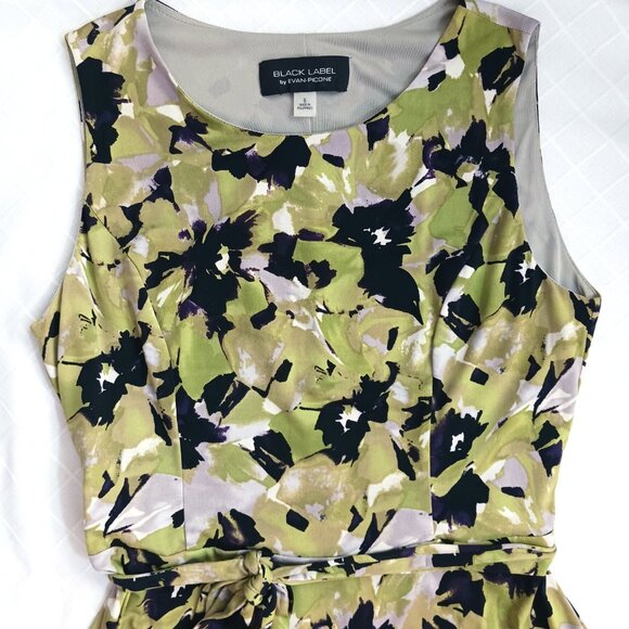 Evan Picone Black Label Green Floral Sleeveless Stretch Dress + Tie Size 6 - Picture 2 of 4